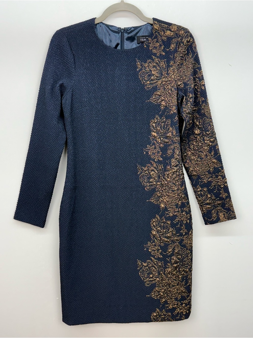 Teri Jon Rickie Freeman Navy Dress Copper Gold Floral Jacquard Embroidery Sz 8